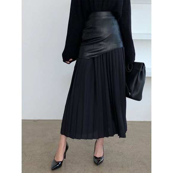 NWT Commense Asymmetric Patchwork Faux Leather Chiffon Pleated Maxi Skirt small. - Picture 1 of 10